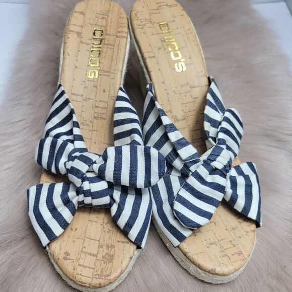 Chico's Blue White Striped Wedges Mules/Slides - Picture 2 of 8